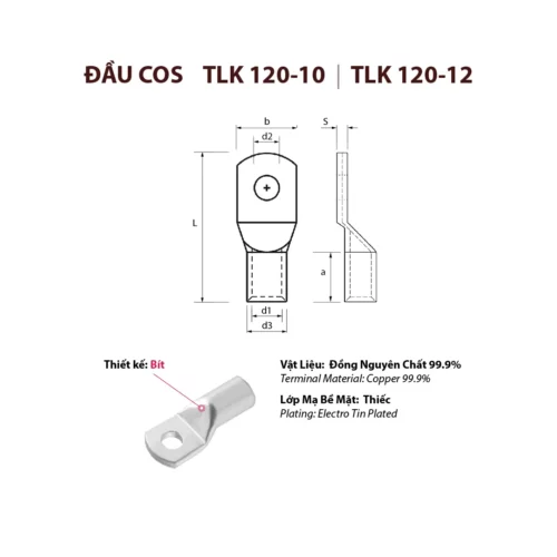 đầu cos cosse cốt tlk 120 bằng đồng bấm nối dây điện tlk120-10 tlk120-12 tlk120-14 tlk120-16 kst đài loan cho dây cáp điện tiết diện 120mm 2