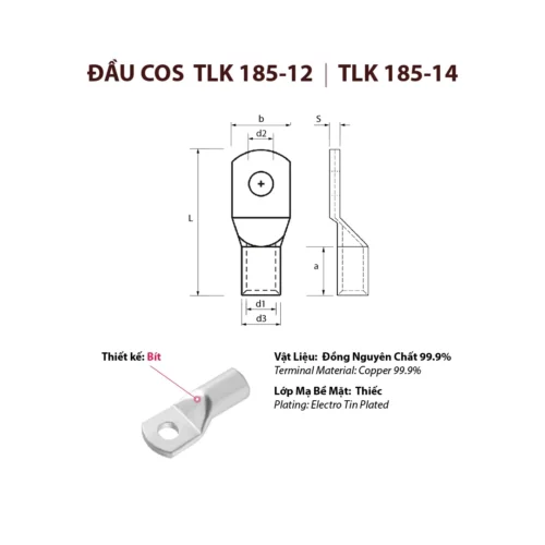 đầu cos cosse cốt tlk 185 bằng đồng bấm nối dây điện tlk185-10 tlk185-12 tlk185-14 tlk185-16 kst đài loan cho dây cáp điện tiết diện 185mm 2