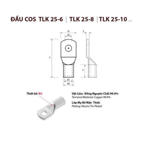 đầu cos cosse cốt tlk 25 bằng đồng bấm nối dây điện tlk25-6 tlk25-8 tlk25-10 tlk25-12 kst đài loan cho dây cáp điện tiết diện 25mm 2