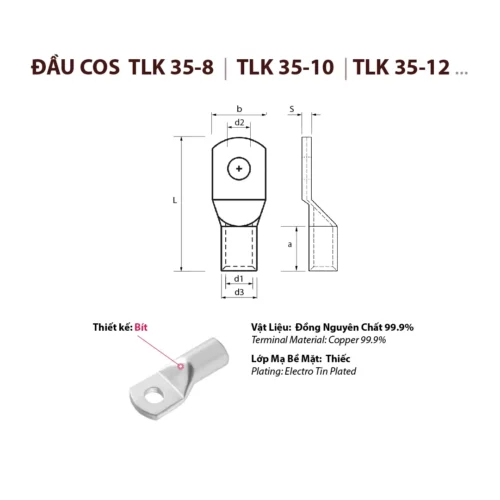 đầu cos cosse cốt tlk 35 bằng đồng bấm nối dây điện tlk35-6 tlk35-8 tlk35-10 tlk35-12 kst đài loan cho dây cáp điện tiết diện 35mm 2