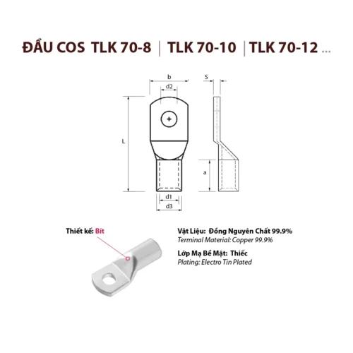 đầu cos cosse cốt tlk 70 bằng đồng bấm nối dây điện tlk70-6 tlk70-8 tlk70-10 tlk70-12 kst đài loan cho dây cáp điện tiết diện 70mm 2