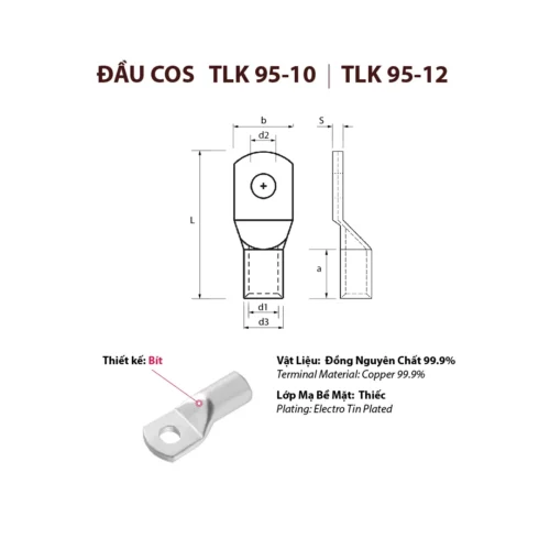 đầu cos cosse cốt tlk 95 bằng đồng bấm nối dây điện tlk95-8 tlk95-10 tlk95-12 tlk95-14 kst đài loan cho dây cáp điện tiết diện 95mm 2