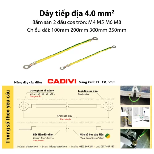 dây tiếp địa 1x4 cidivi cv vcm bấm sẵn 2 đầu cos tròn lỗ bắt bu lông m4 m5 m6 m8 và chiều dài dây điện 100mm 200mm 300mm 350mm