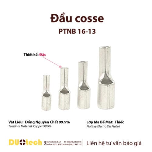 duotech là đơn vị phân phối đầu cosse ptnb16-13 pin đặc trần dây điện tiết diện16mm2 ~size 6awg, cos cốt vật liệu đồng mạ thiếc bề mặt, thiết kế dạng lưỡi tương tự cos mỏ vịt