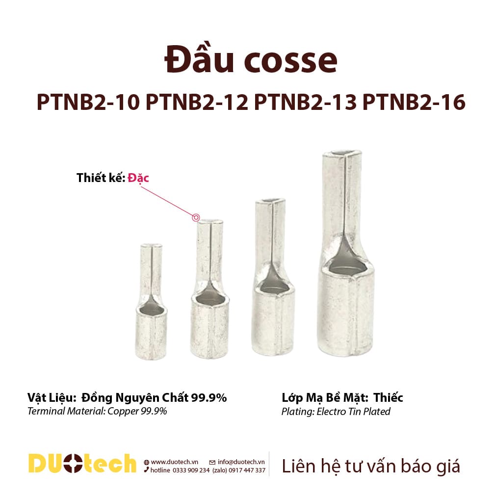 đầu cosse ptnb2-10 ptnb2-12 ptnb2-13 ptnb2-16 pin đặc trần 1.5-2.5mm2 (16-14awg), thiết kế dạng lưỡi tương tự cos mỏ vịt;