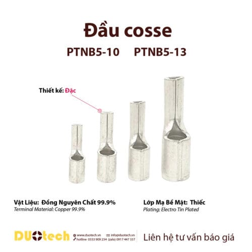 đầu cosse ptnb5-10 ptnb5-13 pin đặc trần dây 2.5-6mm2 (10-12awg), cos cốt vật liệu đồng mạ thiếc bề mặt, thiết kế dạng lưỡi tương tự cos mỏ vịt;