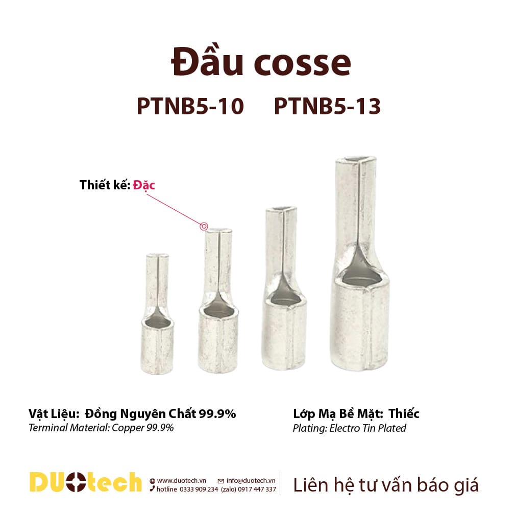 đầu cosse ptnb5-10 ptnb5-13 pin đặc trần dây 2.5-6mm2 (10-12awg), cos cốt vật liệu đồng mạ thiếc bề mặt, thiết kế dạng lưỡi tương tự cos mỏ vịt;