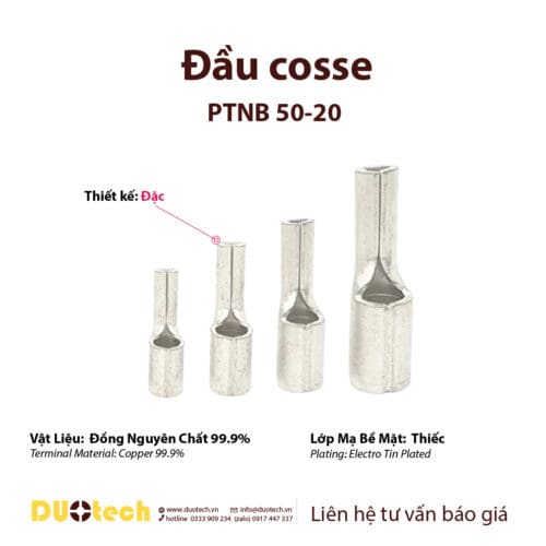 đầu cosse ptnb50-20 ptnb70-25 ptnb95-25 ptnb120-27 pin đặc trần, cos cốt vật liệu đồng mạ thiếc bề mặt, thiết kế dạng lưỡi tương tự cos mỏ vịt