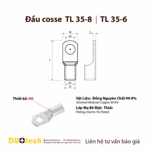 đầu cosse tl 35-6 35-8 35-10 cos cốt vật liệu đồng, mạ thiếc trắng, dùng bấm nối dây cáp điện tiết diện 35mm2;