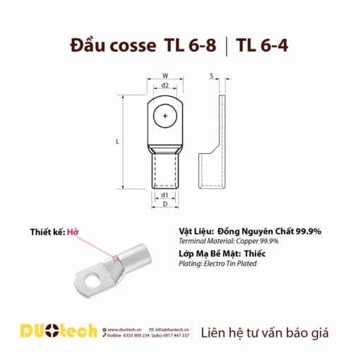 đầu cosse tl 6-4 6-5 6-6 cos cốt vật liệu đồng, mạ thiếc trắng, dùng bấm nối dây cáp điện tiết diện 6mm2;