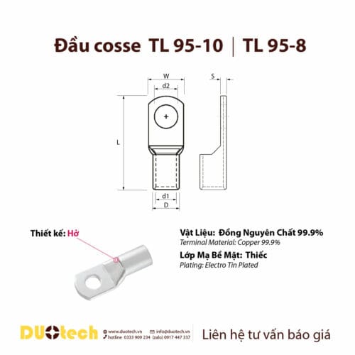 đầu cosse tl 95-8 95-10 95-12 cos cốt đồng, mạ thiếc trắng, dùng bấm nối dây cáp điện tiết diện 95mm2;