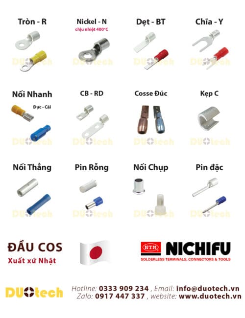 Liên hệ Công ty DUOTECH là đơn vị phân phối, nhà cung ứng cung cấp Đầu cos Nichifu (cosse, cốt, cose chính hãng thương hiệu Nichifu) bấm nối dây cáp điện chất lượng