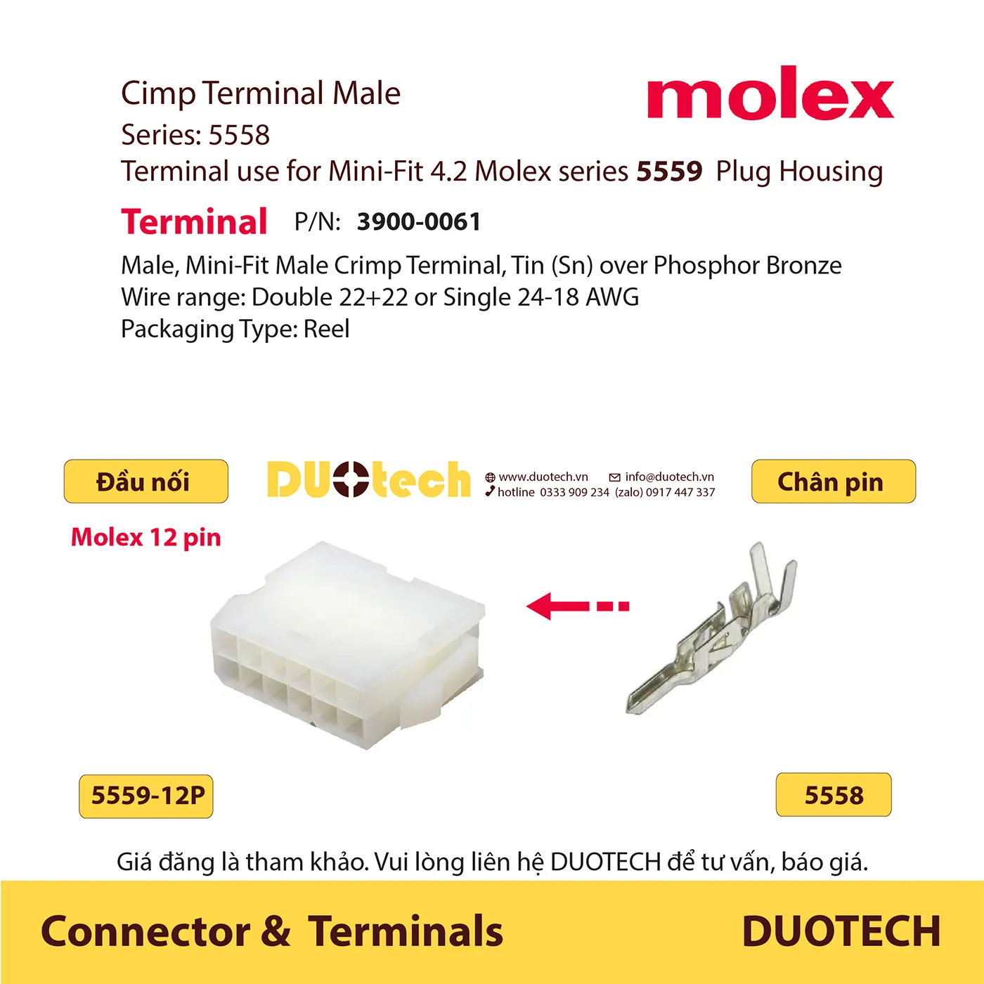 duotech là đại lý nhà cung ứng cấp 1 phân phối ncc ncu npp supplier vendor list đầu nối dây điện mini-fit connector molex 12 pin 5557-12r 5559-12p , chân pin terminal 5556t 5558t 39000059 39000038