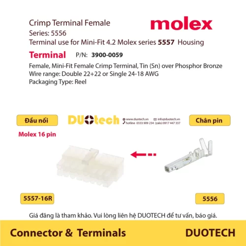 duotech là đại lý nhà cung ứng cấp 1 phân phối ncc ncu npp supplier vendor list đầu nối mini-fit thương hiệu molex 16 pin 5557-16r 5559-16p 39012160 39012165 39012161 39012166 , chân pin terminal 5556ptb 5558ptb 39000059 39000061 cho nhà máy sản xuất gia công bộ dây điện wire harness