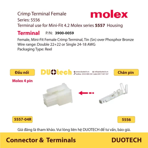 duotech là đại lý nhà cung ứng cấp 1 phân phối ncc ncu npp supplier vendor list đầu jack giắc rắc nối dây điện vỏ nhựa housing mini-fit connector molex 4 pin 5557-04r 5559-04p , chân pin terminal 5556 5558 t pbt code 39000059 39000038 cho nhà máy sản xuất gia công bộ dây điện wire harness