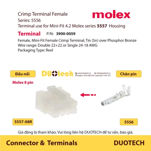 duotech là đại lý nhà cung ứng cấp 1 phân phối ncc ncu npp supplier vendor list đầu jack giắc rắc nối dây điện vỏ nhựa housing mini-fit connector molex 8 pin 5557-08r 5559-08p , chân pin terminal 5556t 5558t p/n 39000059 39000038 cho nhà máy sản xuất gia công bộ dây điện wire harness