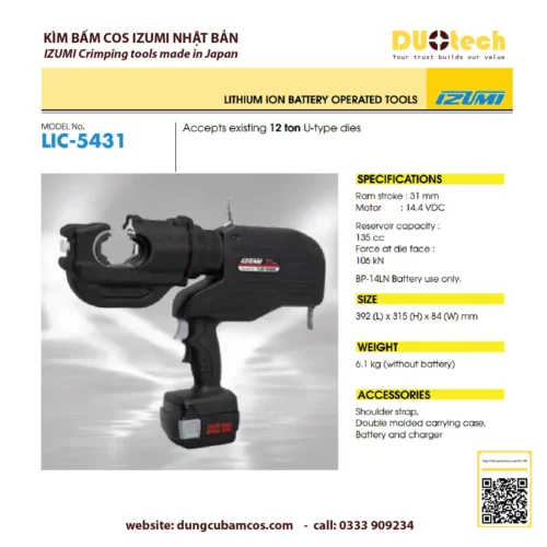 duotech là đại lý nhà cung ứng cấp 1 ncu ncc đơn vị phân phối npp supplier distributor agency chính hãng thương hiệu izumi máy ép kìm bấm đầu cos cốt cosse thủy lực dùng pin izumi lic-5431