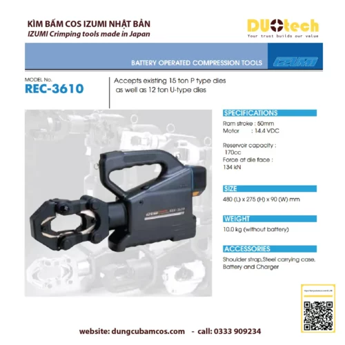 duotech là đại lý nhà cung ứng cấp 1 ncu ncc đơn vị phân phối npp supplier distributor agency chính hãng thương hiệu Izumi Máy ép kìm bấm đầu cos cốt cosse dùng pin Izumi REC-3610