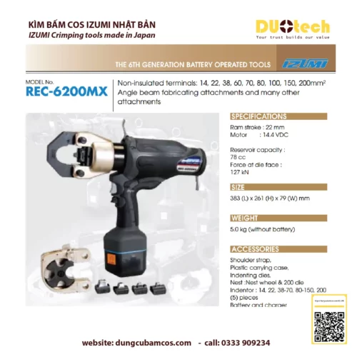 duotech là đại lý nhà cung ứng cấp 1 ncu ncc đơn vị phân phối npp supplier distributor agency chính hãng thương hiệu izumi máy ép kìm bấm đầu cos cốt cosse dùng pin đa năng izumi rec-6200mx