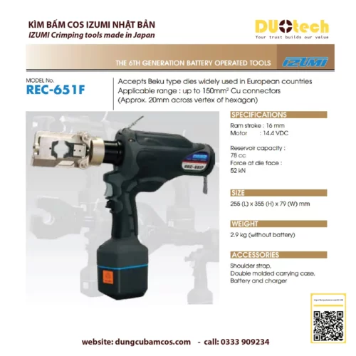 Sản phẩm chính hãng thương hiệu Izumi Máy ép kìm bấm đầu cos cốt cosse thủy lực dùng pin Izumi REC-651F