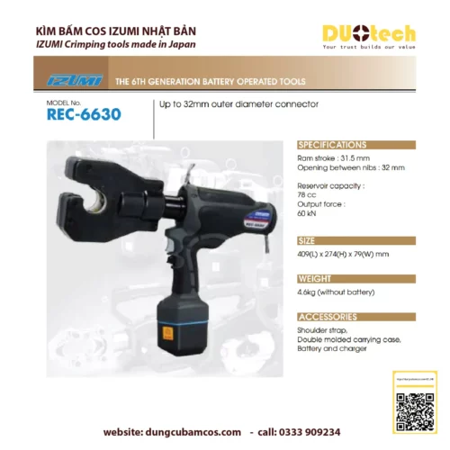 duotech là đại lý nhà cung ứng cấp 1 ncu ncc đơn vị phân phối npp supplier distributor agency chính hãng thương hiệu Izumi Máy ép kìm bấm đầu cos cốt cosse thủy lực dùng pin Izumi REC-6630