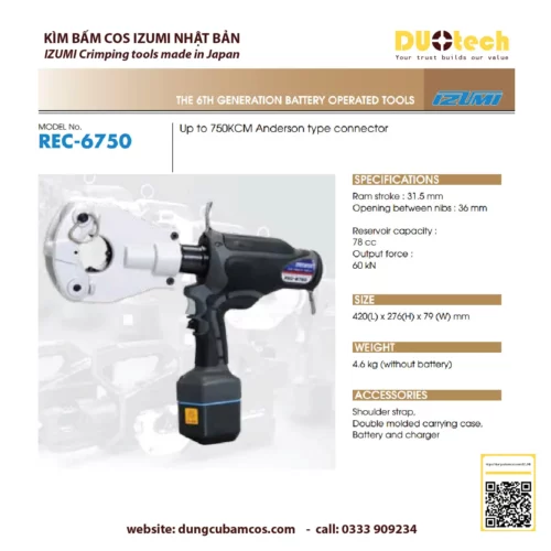 duotech là đại lý nhà cung ứng cấp 1 ncu ncc đơn vị phân phối npp supplier distributor agency chính hãng thương hiệu Izumi Máy ép kìm bấm đầu cos cốt cosse thủy lực dùng pin Izumi REC-6750