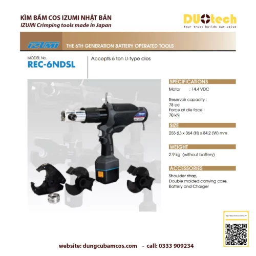 Máy ép kìm bấm đầu cos cốt cosse thủy lực dùng pin Izumi REC-6NDSL