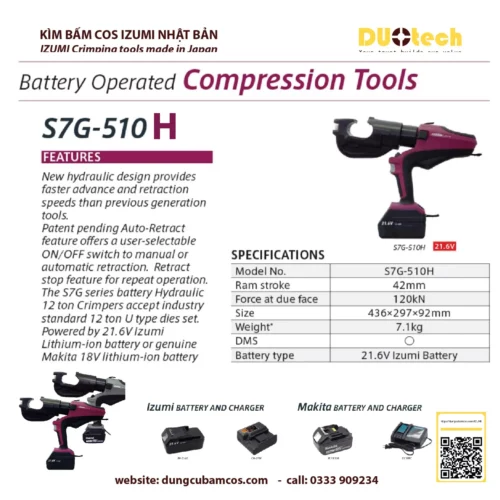 duotech là đại lý nhà cung ứng cấp 1 ncu ncc đơn vị phân phối npp supplier distributor agency chính hãng thương hiệu Izumi Máy ép kìm bấm đầu cos cốt cosse thủy lực Izumi S7G-510H