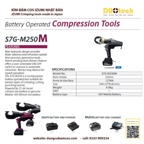 đơn vị phân phối npp supplier distributor agency chính hãng thương hiệu Izumi Máy ép kìm bấm đầu cos cốt cosse thủy lực dùng pin izumi S7G-M250H S7G-M250M S7G-M250R