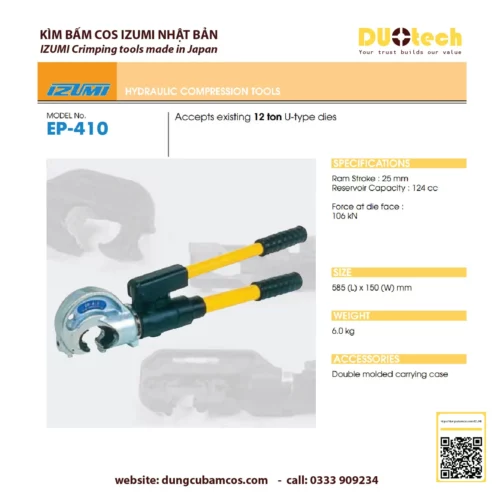 duotech là đại lý nhà cung ứng cấp 1 ncu ncc đơn vị phân phối npp supplier distributor agency chính hãng thương hiệu Izumi kìm bấm ép cos thủy lực izumi Kìm ép bấm cos cốt cosse thủy lực Izumi EP-410